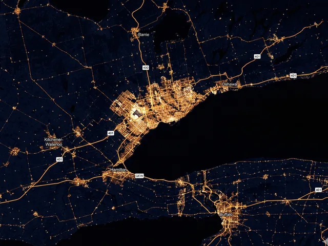 Satellite night view of Greater Toronto Area showing freight lane coverage