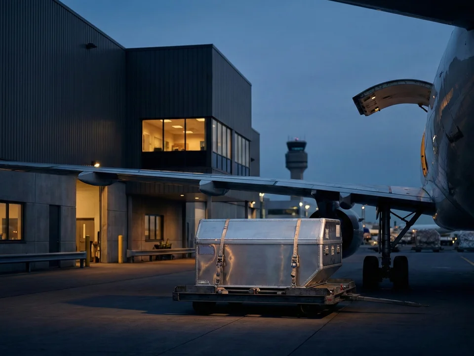 Aluminum transfer case on airport cargo dolly beside aircraft for dignified repatriation services